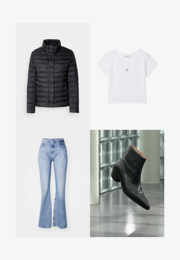 Veste col montant noire en duvet avec des fermetures à boutons et un motif matelassé horizontal. Le matériau semble léger et résistant à l'eau.; Top court blanc à manches courtes avec un col rond et un petit logo Calvin Klein rouge et noir centré sur la poitrine.; Jean flare bleu clair en denim, avec taille haute, design à cinq poches et légères décolorations le long des jambes.; Bottine en cuir noir avec un bout pointu et un talon carré lévitant au-dessus d'un sol gris réfléchissant près d'un mur en blocs de verre.