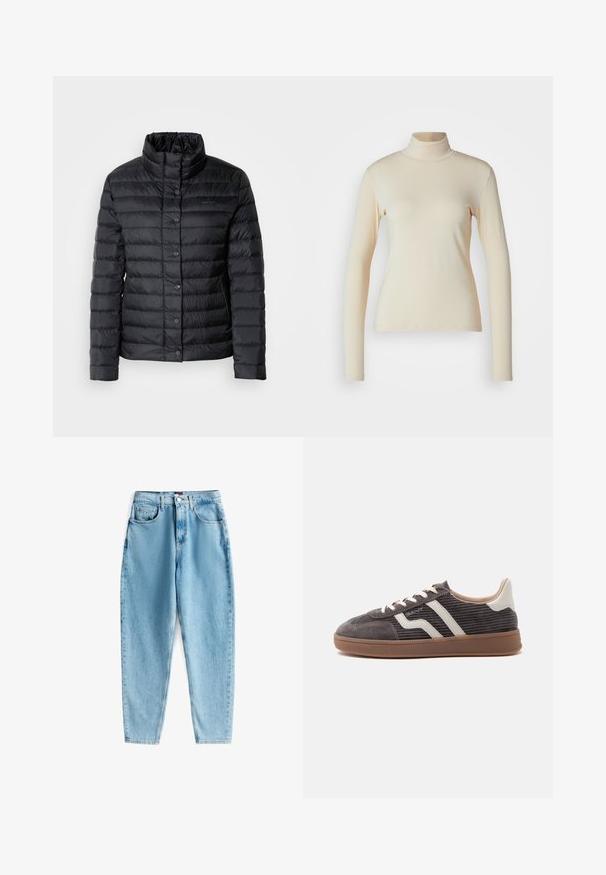 Veste col montant noire en duvet avec des fermetures à boutons et un motif matelassé horizontal. Le matériau semble léger et résistant à l'eau.; Haut à col roulé à manches longues de couleur crème, fabriqué en tissu lisse et extensible ; design ajusté avec un col haut et sans motifs ni accents visibles.; Jean bleu clair taille haute en denim avec une finition légèrement délavée. Comprend cinq poches et une fermeture à bouton à la taille.; Basket gris foncé unique avec des accents en cuir blanc, des côtés texturés, des lacets blancs et une semelle en caoutchouc marron, présentée de profil sur un fond uni.
