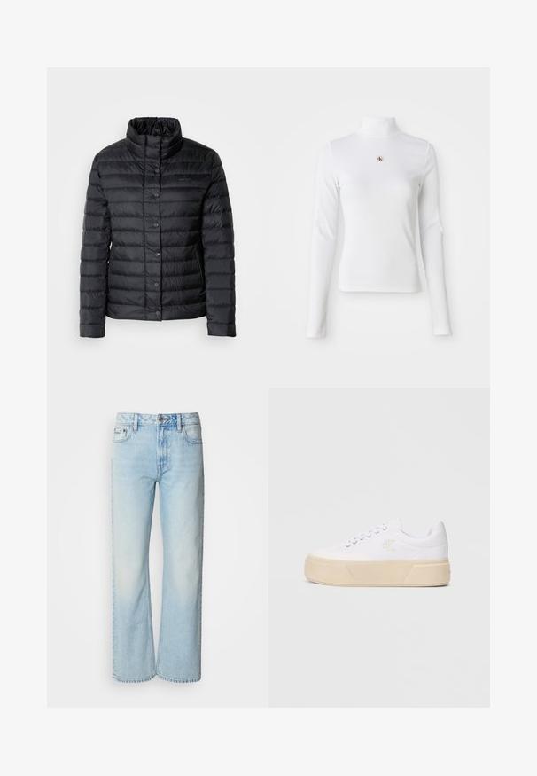 Veste col montant noire en duvet avec des fermetures à boutons et un motif matelassé horizontal. Le matériau semble léger et résistant à l'eau.; Top à col roulé blanc à manches longues en matière côtelée. Présente un petit logo brodé au centre. Design ajusté sans motifs.; Jeans à jambes larges bleu clair en denim, présentant un design classique à cinq poches et une texture légèrement décolorée. La couture en denim est visible.; Baskets blanches en toile avec une semelle plateforme beige épaisse, présentant un logo brodé discret sur le côté et un design classique à lacets.