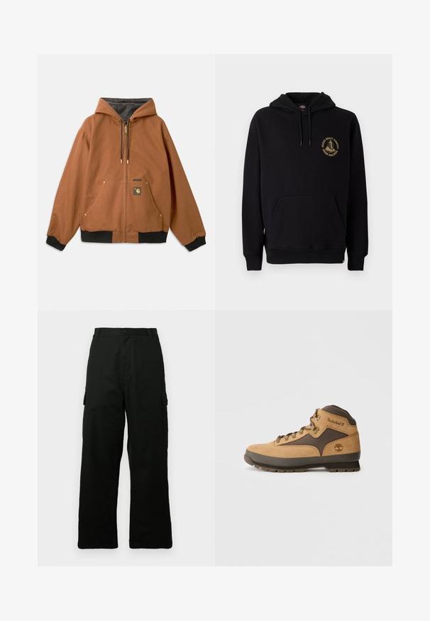 Brun zip-up hættetrøje med hætte, sorte ribbede manchetter, guld lynlåsdetaljer og et logo-patch på forsiden. Fremstillet af slidstærkt materiale.; Sort hættetrøje med kængurulomme, snore og et guld grafiklogo på venstre bryst. Lavet af blødt, struktureret stof.; Sorte cargobukser lavet af et holdbart stof, med vidt ben-design, flere sidelommer og en lige snit.; Brune ruskind vandrestøvle med mørkebrune accenter, metaløjer og sål med godt greb. Timberland-logo præget på siden. Mellemhøj design.
