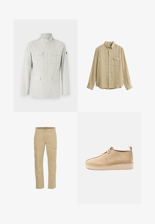 Chaqueta de longitud media de color claro que presenta un cuello alzado, cierre frontal con cremallera y cuatro bolsillos de parche. Tejido suave y resistente al agua.; Camisa beige de lino de manga larga con botones, bolsillo en el pecho y cuello abotonado, mostrada sobre un fondo blanco.; Pantalones cargo beige de algodón. Cuentan con bolsillos laterales, pasadores para cinturón y cierre de cremallera. Diseño de pierna recta, textura suave y sin estampados.; Zapato beige de ante con cordones, puntera redondeada, suela gruesa y pestaña en el talón, mostrado de perfil sobre fondo blanco.