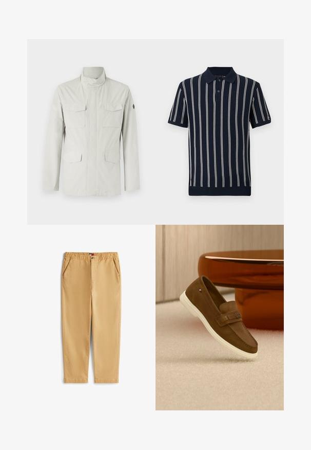 Veste de couleur claire, de longueur intermédiaire, avec un col montant, fermeture à glissière sur le devant et quatre poches appliquées. Tissu lisse et résistant à l'eau.; Polo shirt à rayures navy en tissu côtelé, présentant des rayures verticales blanches, un col, deux boutons et des manches courtes.; Pantalon beige décontracté avec taille élastique, bouton et fermeture éclair à l'avant, et poches latérales, posé à plat sur un fond blanc.; Mocassin en daim marron avec semelle blanche et détail métallique, flottant au-dessus d'un tapis clair à côté d'un meuble rond marron brillant.