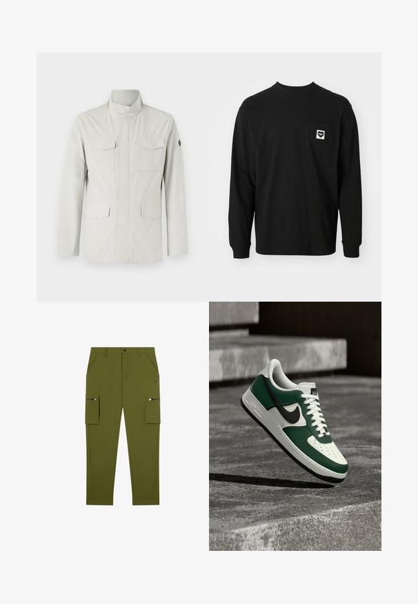 Helle, mittellange Jacke mit Stehkragen, vorderem Reißverschluss und vier aufgesetzten Taschen. Glattes, wasserabweisendes Material.; Schwarzes Langarm-T-Shirt aus Baumwolle mit Rundhalsausschnitt und einer Brusttasche, die ein Herzlogo und einen Text zeigt.; Olivgrüne Cargo-Shorts mit geradem Schnitt, aus leichtem Material; mit seitlichen Taschen mit Reißverschlüssen und schrägen Vordertaschen.; Grün-weißer Nike Air Force 1 Sneaker mit schwarzem Swoosh, schwebt über einer Betonoberfläche mit unscharfen Treppen im Hintergrund.