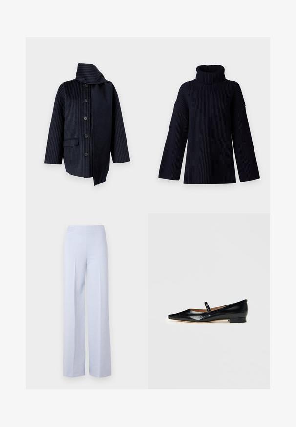 Marinefrakke med lodrette striber, høj krave, syv knapper, en lomme og kontraststof på den ene side. Lavet af struktureret materiale.; Marineblå turtleneck sweater med ribbet tekstur, brede ærmer og en afslappet pasform. Blødt materiale og minimalistisk design.; Lyseblå bredbugede bukser lavet af blødt stof, med en høj talje og frontfolder for ekstra strukturer.; Sorte patenterede læder Mary Jane flade sko med spids tå, én rem og lav hæl på ensfarvet baggrund.