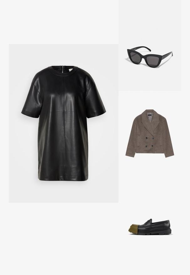 Brauner Wollmischung-Peacoat mit doppelter Knopfleiste, großen schwarzen Knöpfen, spitzen Revers und seitlichen Taschen, entworfen mit einer cropped Länge.; Schwarzes Lederoberteil mit kurzen Ärmeln, rundem Ausschnitt und Reißverschluss hinten. Verfügt über eine glatte Textur und eine schlichte Silhouette.; Schwarzer Leder-Slipper mit dicker Sohle, mit einer olivgrünen, schützenden Gummiüberzug über dem Zehenbereich, vor weißem Hintergrund.; Schwarze Cat-Eye-Sonnenbrille mit matter Oberfläche, grauen getönten Gläsern, scharfen Kanten und schlanken Bügeln. Der Markenname ist auf dem inneren Bügel sichtbar.