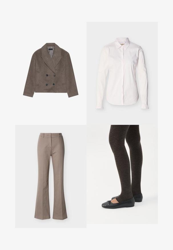 Manteau en mélange de laine marron avec un devant double boutonnage, de grands boutons noirs, des revers pointus et des poches latérales, conçu avec une longueur courte.; Chemise blanche à manches longues pour femmes avec col pointu, boutons cachés sur le devant et petits volants aux poignets.; Pantalon beige taille haute à jambes larges, avec détails de couture à l'avant, passants de ceinture et fermeture frontale cachée, présenté sur un fond blanc.; Jambes portant des leggings côtelés foncés associés à des ballerines noires avec de petits détails en nœud sur fond blanc.