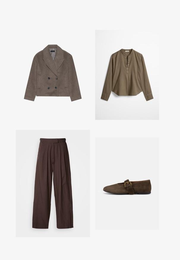 Brauner Wollmischung-Peacoat mit doppelter Knopfleiste, großen schwarzen Knöpfen, spitzen Revers und seitlichen Taschen, entworfen mit einer cropped Länge.; Braune, langärmelige, legere Bluse mit Stehkragen, vorderer Falte und leicht gewölbtem Saum, flach auf weißem Hintergrund ausgebreitet.; Braune, weite Hosen mit hoher Taille, gefaltetem Vorderteil und glatter Stofftextur. Verfügen über zwei Seitentaschen und ein sauberes, maßgeschneidertes Aussehen.; Brauner Wildleder-Flachschuh mit breitem Riemen und goldener Schnalle, abgerundeter Spitze und flacher schwarzer Sohle, seitlich auf weißem Hintergrund dargestellt.