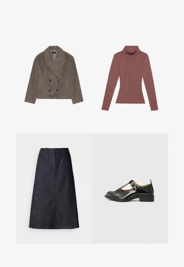 Brauner Wollmischung-Peacoat mit doppelter Knopfleiste, großen schwarzen Knöpfen, spitzen Revers und seitlichen Taschen, entworfen mit einer cropped Länge.; Langärmliger Rollkragenpullover in einem sanften Rosaton, der aus einem weich dehnbaren Stoff besteht und einen umgeschlagenen Kragen hat, mit einer taillierten Silhouette.; Dunkelblaue A-Linien-Rock mit mittellangem Schnitt, der eine glatte Textur und einen schlichten Bund ohne sichtbare Verschlüsse aufweist.; Schwarze Lackleder-Mary-Jane-Schuhe mit runder Zehenpartie, Knöchelriemen, goldfarbenem Schnallendetail und niedriger Blockabsatz. Glatte Textur.