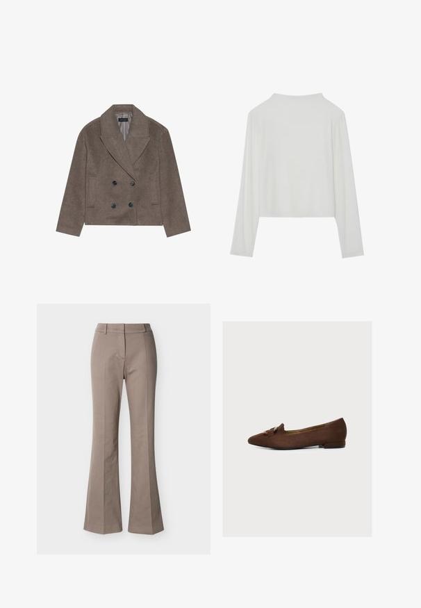 Brauner Wollmischung-Peacoat mit doppelter Knopfleiste, großen schwarzen Knöpfen, spitzen Revers und seitlichen Taschen, entworfen mit einer cropped Länge.; Weißes langärmliges Croptop aus geripptem Stoff. Es hat einen runden Halsausschnitt und einen lässigen Schnitt mit weicher, glatter Textur.; Beige High-Waist-Hosen mit weitem Bein, vorderen Nahtdetails, Gürtelschlaufen und einem verdeckten vorderen Verschluss, auf weißem Hintergrund dargestellt.; Brauner spitzer flacher Wildlederschuh mit niedrigem Absatz und dekorativer Schnalle über dem Oberschuh, seitlich auf weißem Hintergrund dargestellt.