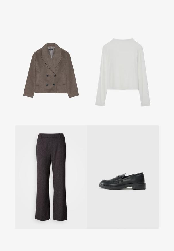 Brauner Wollmischung-Peacoat mit doppelter Knopfleiste, großen schwarzen Knöpfen, spitzen Revers und seitlichen Taschen, entworfen mit einer cropped Länge.; Weißes langärmliges Croptop aus geripptem Stoff. Es hat einen runden Halsausschnitt und einen lässigen Schnitt mit weicher, glatter Textur.; Mos Mosh SVALA - Stoffhose - black; Schwarze Lederloafers mit abgerundetem Zehenbereich, genähten Details und kleinem Absatz. Glatte Textur und eine flexible Gummisohle.