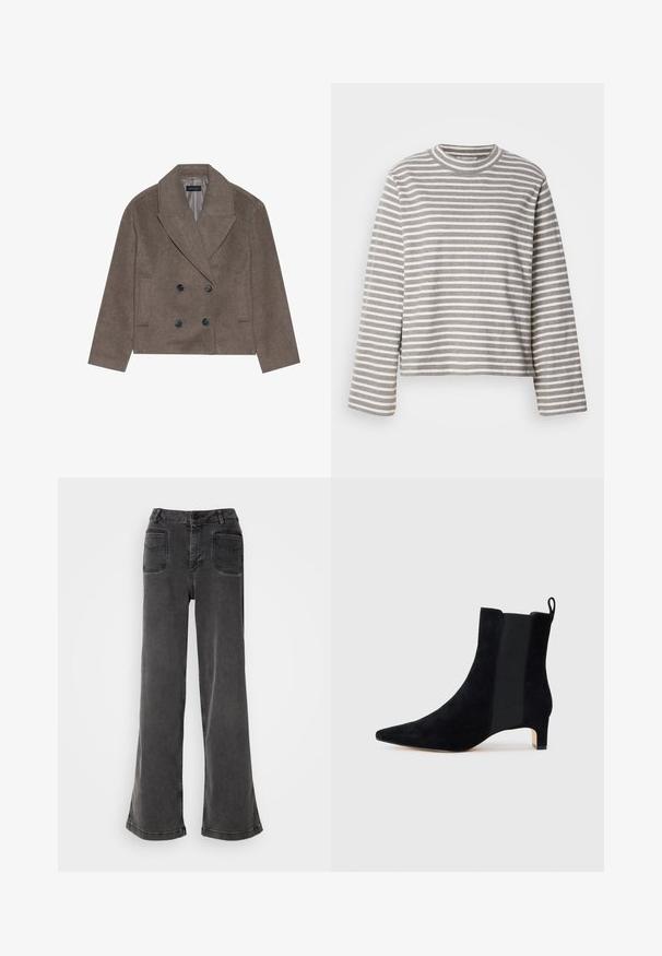 Brauner Wollmischung-Peacoat mit doppelter Knopfleiste, großen schwarzen Knöpfen, spitzen Revers und seitlichen Taschen, entworfen mit einer cropped Länge.; Gestreiftes Langarmshirt in Hellgrau und Weiß mit Rundhalsausschnitt und lockerer Passform. Der Stoff wirkt weich und hat eine leicht strukturierte Oberfläche.; Hoch geschnittene, weit geschnittene schwarze Jeans aus Denim, ausgestattet mit einem Knopfverschluss, Gürtelschlaufen und zwei hinteren Taschen mit gestickten Akzenten.; Schwarze Wildleder-Ankelboots mit spitzem Zeh und elastischen Seitenpaneelen, ausgestattet mit einem niedrigen Blockabsatz und einer kleinen Zuglasche an der Rückseite.