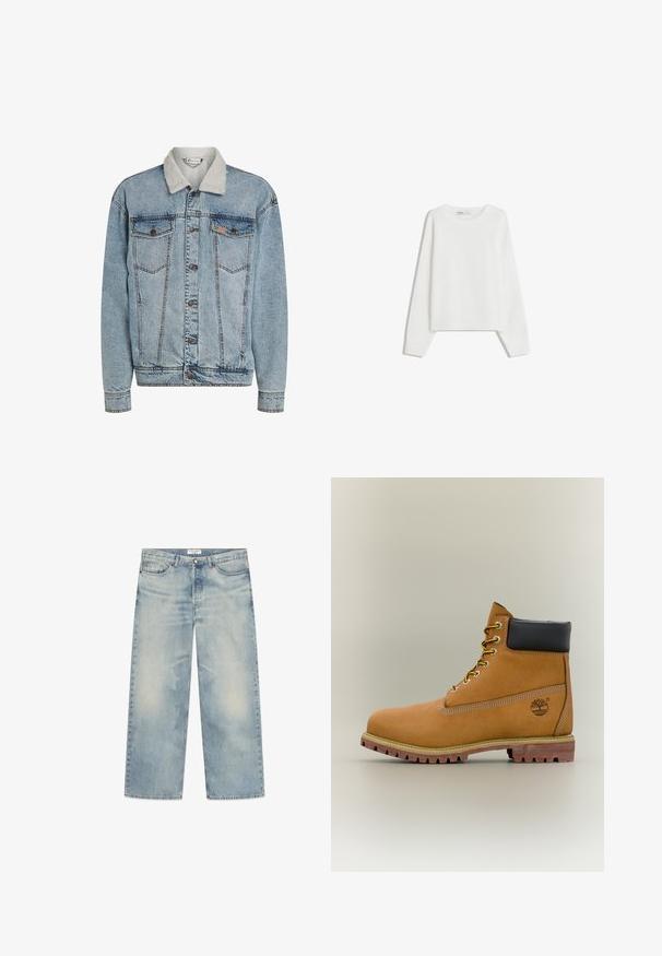 Hellblaue Jeansjacke mit Knopfleiste, zwei Brusttaschen und einem weißen Sherpa-Kragen.; Weißer Strickpullover mit langen Ärmeln, Rundhalsausschnitt, gerippten Bündchen und Saum. Weiche Textur, lockere Passform, keine sichtbaren Muster oder Akzente.; Hellblaue Jeans mit weitem Bein aus Denim, mit ausgewaschenen Partien, Fünf-Taschen-Design und Knopfleiste. Das obere Etikett zeigt den Markennamen.; Brauner Leder-Stiefelette mit schwarzem Kragen, gelben Schnürsenkeln und hellbrauner Sohle. Verfügt über ein Logo und weiße Ziernähe. Robuste Profilsohle.