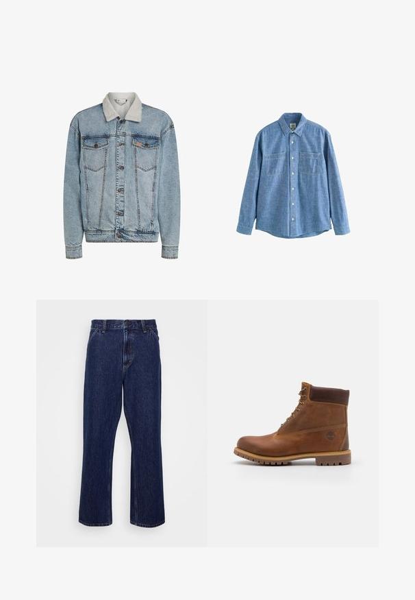Chaqueta de mezclilla azul clara con cierre de botones, dos bolsillos en el pecho y un cuello de sherpa blanco.; Camisa azul de chambray de manga larga con botones al frente y dos bolsillos en el pecho, desplegada sobre un fondo blanco.; Jeans de mezclilla azul oscuro con un diseño de pierna recta, que cuentan con un cierre de botón, estilo de cinco bolsillos y detalles de costura sutiles.; Botas de senderismo de cuero marrón con un acabado suave, tobillo acolchado, ojales de metal y suela de goma con un patrón de tracción robusto.