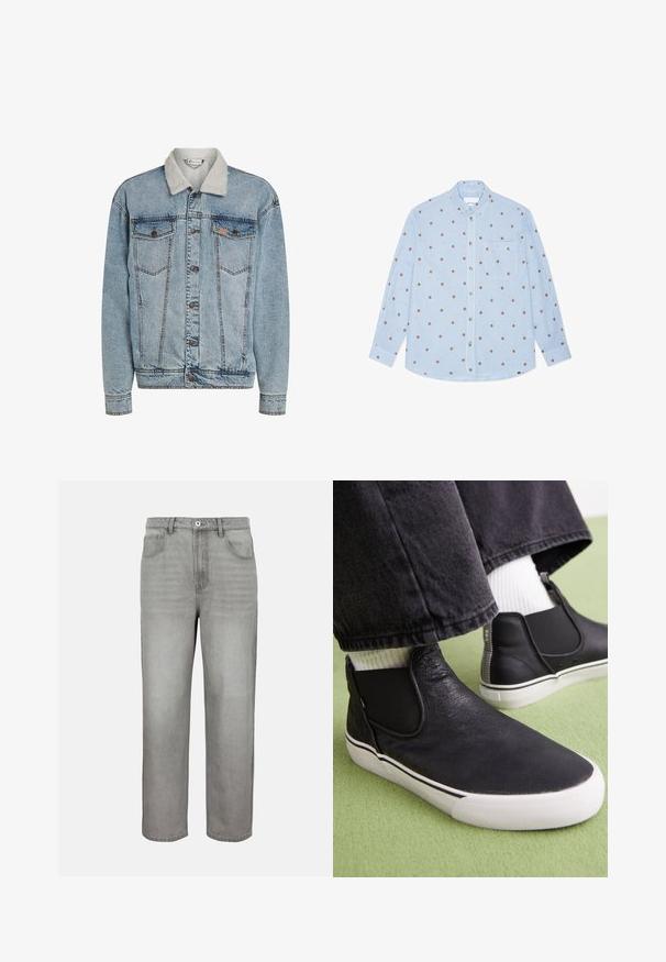 Hellblaue Jeansjacke mit Knopfleiste, zwei Brusttaschen und einem weißen Sherpa-Kragen.; Hellblaues langärmeliges Hemd mit weißen vertikalen Streifen und kleinen braunen Punktmustern. Verfügt über einen Button-Down-Kragen und eine Brusttasche.; Hellgraue Jeans mit geradem Bein, Frontknopf, Reißverschluss, Gürtelschlaufen sowie Vorder- und Gesäßtaschen auf einfarbigem Hintergrund.; Schwarze Slipper aus strukturiertem Leder, mit elastischen seitlichen Einsätzen und einer weißen Gummisohle mit schwarzem Streifendetail.