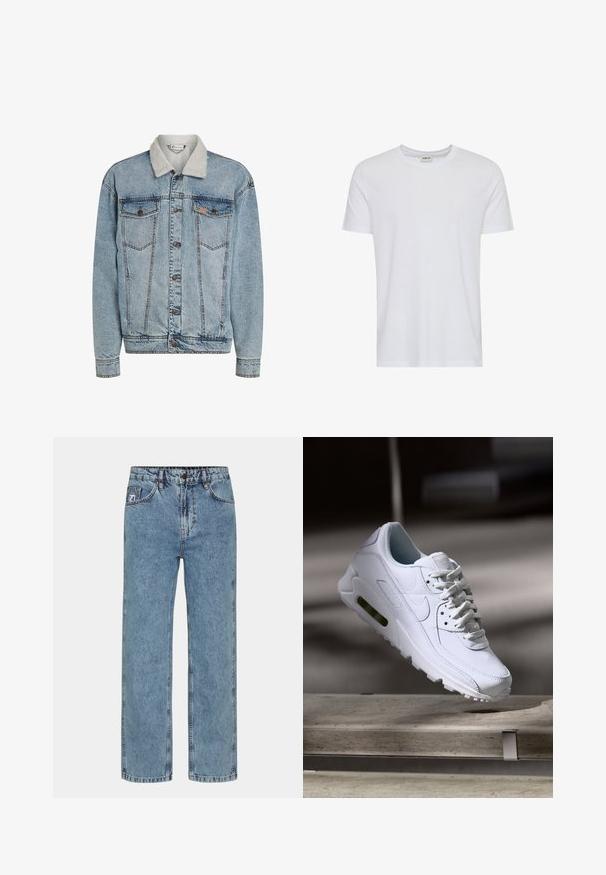 Chaqueta de mezclilla azul clara con cierre de botones, dos bolsillos en el pecho y un cuello de sherpa blanco.; Camiseta blanca lisa de manga corta y cuello redondo, mostrada sobre un fondo blanco, con una pequeña etiqueta en el cuello que muestra la marca “Solid”.; Vaqueros de pierna recta de color azul claro en tejido de mezclilla, con cierre de botón, cinco bolsillos y costuras en contraste.; Zapatilla blanca de piel con superficies texturizadas, cuello acolchado y amortiguación de aire visible en la suela. Presenta cordones y un diseño minimalista.