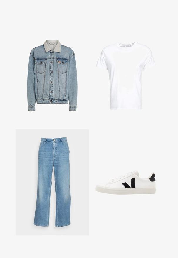 Chaqueta de mezclilla azul clara con cierre de botones, dos bolsillos en el pecho y un cuello de sherpa blanco.; Camiseta de algodón blanca con cuello redondo y mangas cortas, con un corte clásico y una textura suave. Sin patrones ni elementos metálicos visibles.; Vaqueros de pierna ancha de color azul claro, confeccionados en denim. Presentan una cintura alta, cierre de botón y un diseño estándar de cinco bolsillos. Textura suave.; Zapatilla de cuero blanca con acentos de ante negro; presenta una suela de goma, puntera redonda y un diseño clásico de cordones. Logo lateral en negro.
