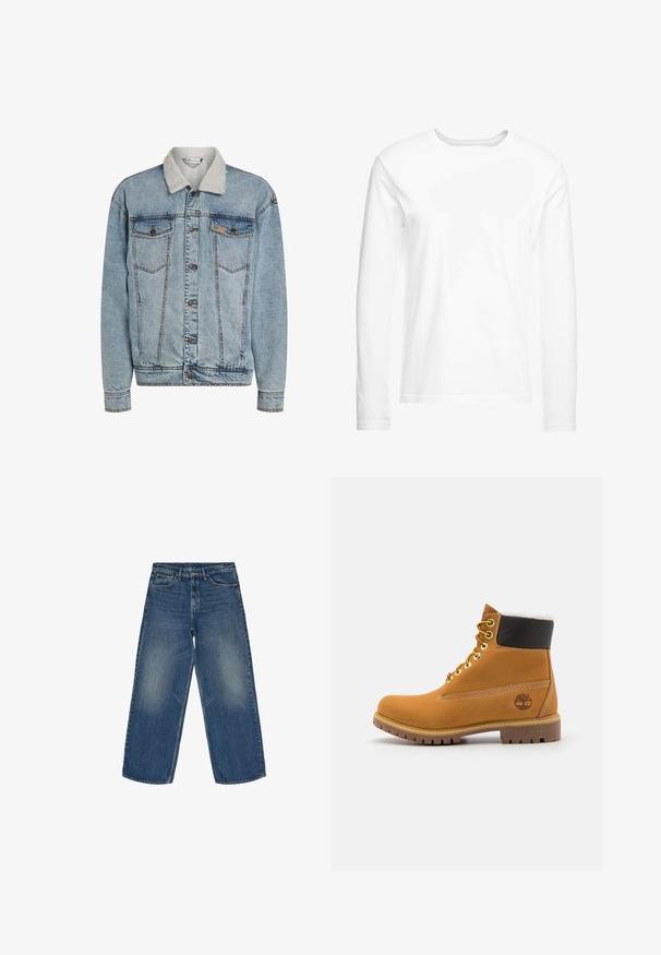 Chaqueta de mezclilla azul clara con cierre de botones, dos bolsillos en el pecho y un cuello de sherpa blanco.; Camiseta blanca de manga larga hecha de algodón suave. Cuello redondo con dobladillos rectos y sin patrones ni gráficos visibles.; Vaqueros de pierna ancha en azul medio. Fabricados en algodón, cuentan con secciones desgastadas, diseño de cinco bolsillos y cierre de cremallera con botón.; Botín de cuero marrón con ojales de metal, forro de piel sintética blanca, cuello acolchado negro, suela resistente y logotipo en relieve en el costado.