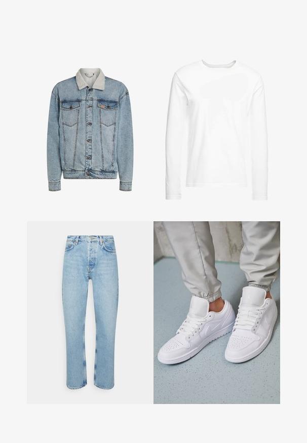 Chaqueta de mezclilla azul clara con cierre de botones, dos bolsillos en el pecho y un cuello de sherpa blanco.; Camiseta blanca de manga larga hecha de algodón suave. Cuello redondo con dobladillos rectos y sin patrones ni gráficos visibles.; Jeans de mezclilla azul claro con corte recto, cintura alta, diseño de cinco bolsillos y detalles de costura visibles en las costuras y dobladillos.; Las zapatillas deportivas de cuero blanco cuentan con una caja de dedos perforada, cordones planos, un cuello acolchado y el logo de Jordan en la lengüeta. Las llevan puestas con pantalones joggers grises.