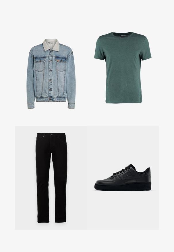 Hellblaue Jeansjacke mit Knopfleiste, zwei Brusttaschen und einem weißen Sherpa-Kragen.; Grünes T-Shirt mit kurzen Ärmeln aus Baumwolle, mit Rundhalsausschnitt und einem einfachen, einfarbigen Design ohne sichtbare Muster oder Akzente.; Schwarze Denim-Jeans mit geradem Schnitt, Knopfverschluss, fünf Taschen und dezenten Nähdetails. Glatte Textur.; Schwarzer Nike Air Force 1 Schuh mit einem glatten Lederoberteil, perforierter Zehenpartie für Atmungsaktivität, schwarzen Schnürsenkeln und einer strukturierten Gummisohle.