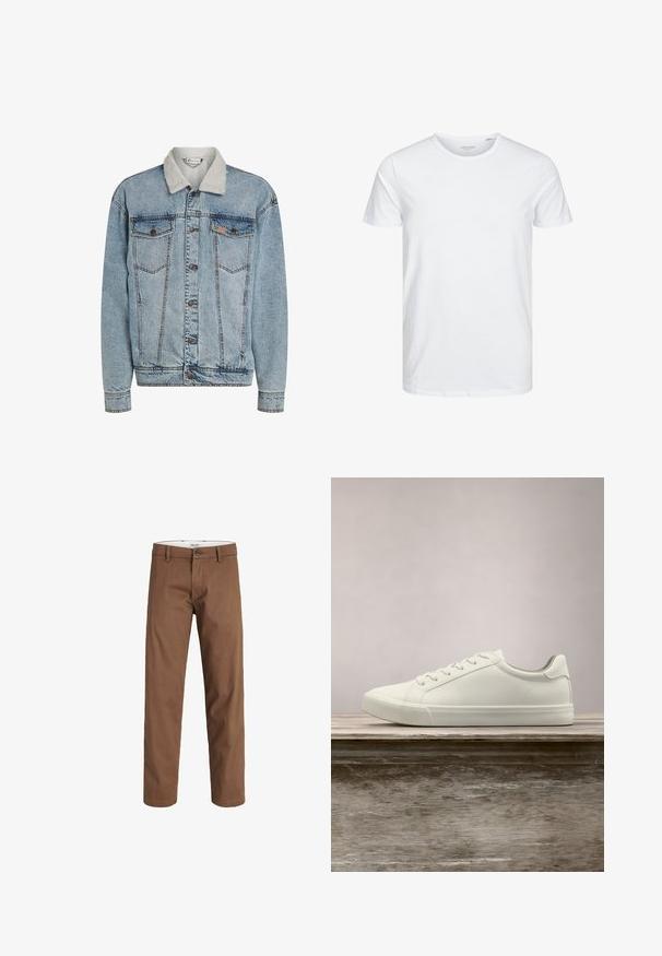 Chaqueta de mezclilla azul clara con cierre de botones, dos bolsillos en el pecho y un cuello de sherpa blanco.; Camiseta de manga corta y cuello redondo en blanco sólido, fabricada en algodón suave, presenta un diseño simple sin patrones ni acentos visibles.; Pantalones marrones de pierna recta con cierre de botón y cremallera, trabillas para cinturón y bolsillos delanteros, mostrados sobre un fondo blanco.; Zapatilla blanca con cordones flotando sobre un banco de madera con follaje verde al fondo, mostrando el diseño y la textura del zapato.