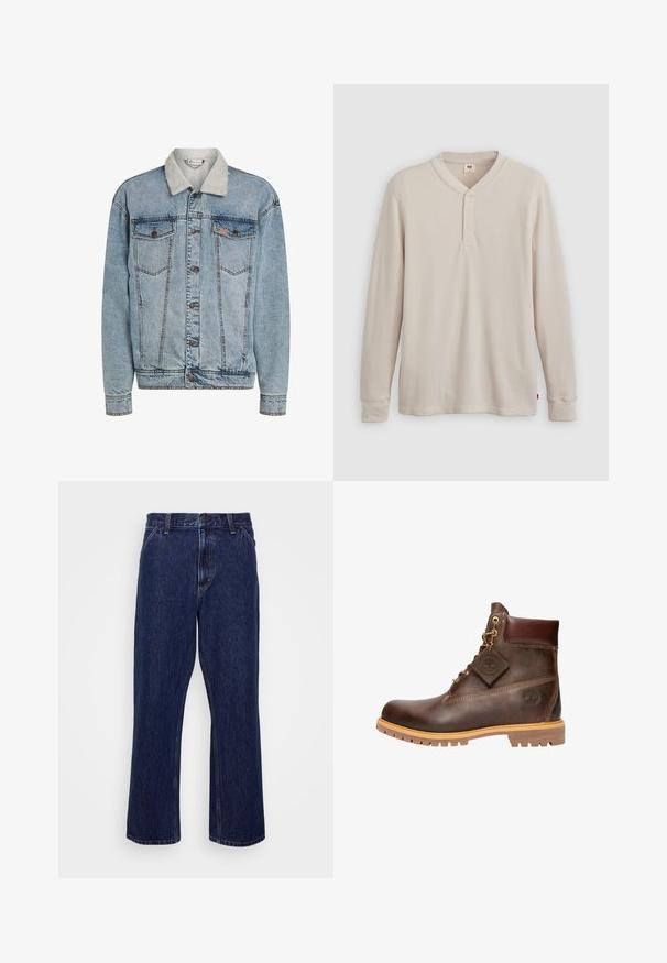 Chaqueta de mezclilla azul clara con cierre de botones, dos bolsillos en el pecho y un cuello de sherpa blanco.; Camisa tipo henley de manga larga en tejido acanalado color beige claro, con escote en V,tapeta de tres botones, y mangas con puños. Etiqueta de logo roja en el dobladillo.; Jeans de mezclilla azul oscuro con un diseño de pierna recta, que cuentan con un cierre de botón, estilo de cinco bolsillos y detalles de costura sutiles.; Botín de cuero marrón hasta el tobillo con punta redonda, suela resistente, herrajes en tono dorado y parte superior texturizada. Incluye una etiqueta con el logo adjunta.
