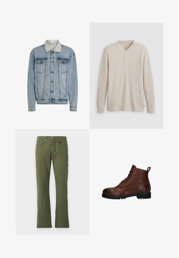 Hellblaue Jeansjacke mit Knopfleiste, zwei Brusttaschen und einem weißen Sherpa-Kragen.; Langärmliges Henley-Shirt aus leicht beigem Rippstoff mit V-Ausschnitt, Knopfleiste mit drei Knöpfen und angeschnittenen Ärmeln. Roter Logo-Tag am Saum.; Olivgrüne Schlagjeans aus Baumwolle mit glatter Textur; verfügen über fünf Taschen, einen Knopfverschluss und dezente Stickdetails.; Braune Lederstiefelette mit strukturiertem Obermaterial, sechs Ösen, einer schwarzen Gummisohle und einer Schlaufe für leichtes Anziehen.