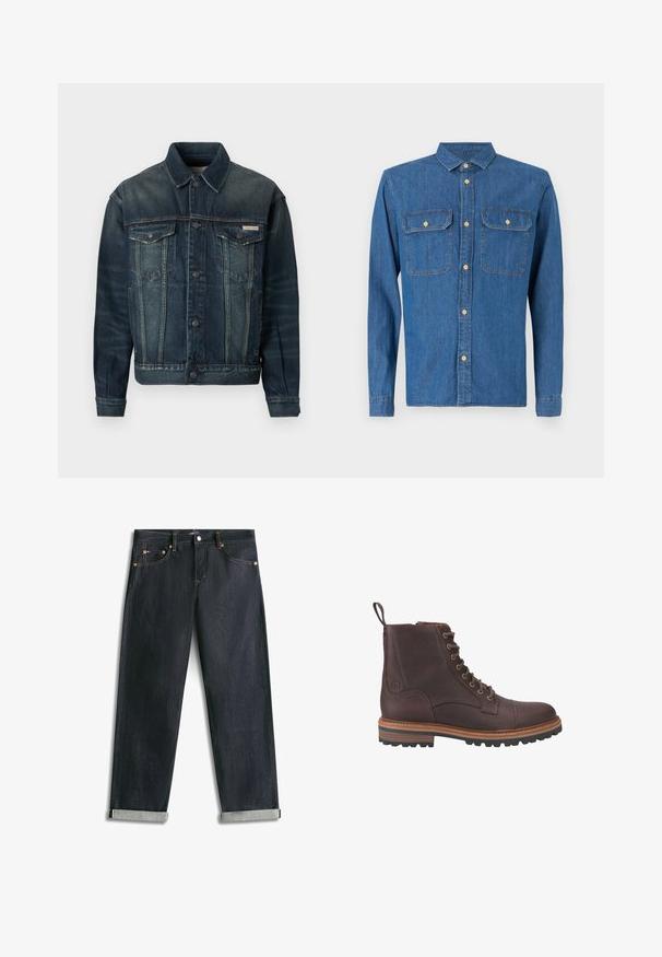 Jeanskurt i mørkeblå med lys falmning. Har to brystlommer, knaplukning og klassisk krave. Tekstileret stof.; Denim skjorte i mørkeblå, langærmet med knapmanchetter, spids krave, to brystlommer og frontknaplukning med guldfarvet hardware.; Mørkeblå denimjeans med opsmøgede bukseben, fem lommer og kontrastsyning, lagt fladt på en hvid baggrund.; Brune læder støvler med snørebånd ved anklen, med en tekstureret overflade, kontrasterende beige såler og metaløjer. Har en trækflig for nem påtagning.