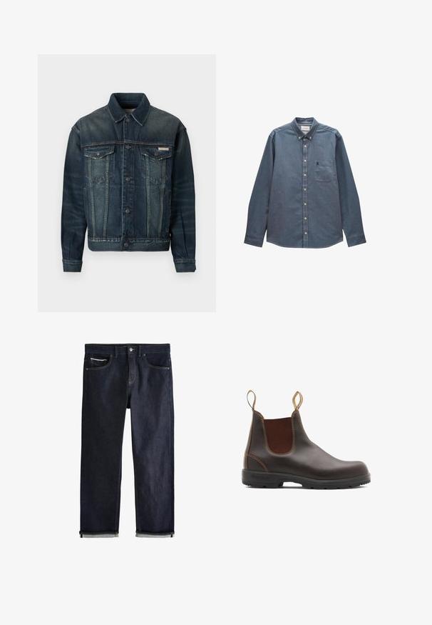 Chaqueta de mezclilla en azul oscuro con un ligero desgastado. Cuenta con dos bolsillos en el pecho, cierre de botones y cuello clásico. Tela texturizada.; Camisa azul de manga larga con botones, con bolsillo frontal en el pecho y cuello abotonado, mostrada sobre un fondo blanco.; Vaqueros de mezclilla azul oscuro con puños doblados, cierre de botón y cremallera, bolsillos delanteros y para monedas, y costuras en contraste sobre un fondo blanco.; Botas Chelsea de cuero marrón con paneles laterales elásticos y tiradores. Parte superior texturizada, suela de goma duradera y detalle de costura en contraste.