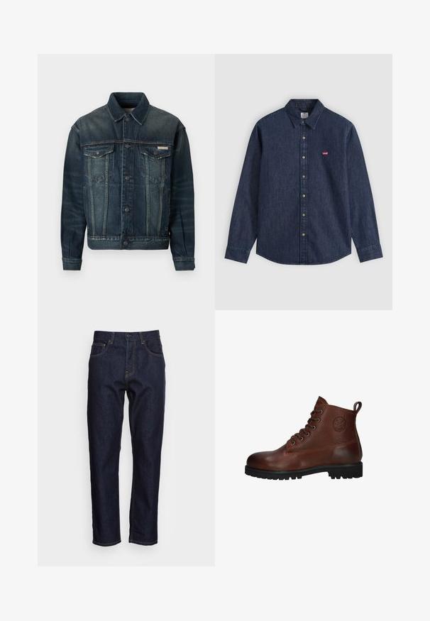 Jeansjacke in Dunkelblau mit leichter Ausbleichung. Verfügt über zwei Brusttaschen, Knopfschluss und klassischen Kragen. Strukturierter Stoff.; Dunkelblaues Denim-Hemd mit langen Ärmeln, Knopfleiste, spitzem Kragen und kleinem rotem Levi's-Logo auf der linken Brust.; Dunkelblaue Denim-Jeans mit geradem Schnitt, fünf Taschen und kontrastierendem gelben Nähten. Mit einem klassischen Knopf- und Reißverschluss ausgestattet.; Braune Lederstiefelette mit strukturiertem Obermaterial, sechs Ösen, einer schwarzen Gummisohle und einer Schlaufe für leichtes Anziehen.