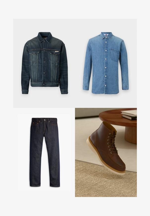 Jeanskurt i mørkeblå med lys falmning. Har to brystlommer, knaplukning og klassisk krave. Tekstileret stof.; Lysblå denimskjorte med lange ærmer, krave, frontknapper og en brystlomme. Har et lille logo på lommen. Glat tekstur.; Mørkeblå denimjeans med lige pasform, fem-lomme design, kobbernitter, gul syning og et markant struktureret stof.; Brune læderankelstøvle med beige sål på et struktureret beige tæppe ved siden af et rundt træbord med stakke af bøger.