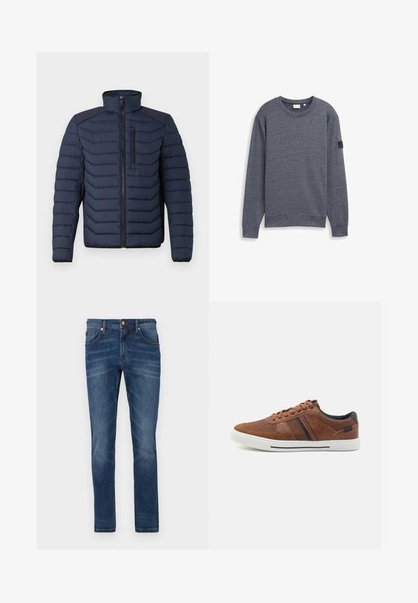 Marineblaue Steppjacke mit vertikalen Nähten, hohem Kragen, durchgehendem Reißverschluss und Brusttasche; mit kontrastierendem Stoff auf den Schultern.; Grauer Langarm-Sweatshirt aus strukturiertem Stoff mit Rundhalsausschnitt und gerippten Bündchen. Verfügt über ein minimalistisches Design ohne Verzierungen.; Dunkelblaue Jeans aus Denim mit geradem Bein, fünf Taschen, dezente Verwaschungen, kontrastierende Nähte und einem Knopfverschluss an der Taille.; Braune Leder-Sneaker mit glatter Textur, weißer Gummisohle, schwarzen Akzenten und dekorativen Nähten sowie seitlichen Streifen.