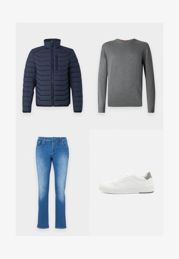 Marineblå pufferjakke med lodret syning, høj krave, lynlås foran og brystlomme; har kontrasterende stof på skuldrene.; TOM TAILOR BASIC CREWNECK - Striktrøje - classic dark grey melange; Blå denim jeans med lige ben, der har fem lommer, lynlås og kontrastsyninger. Stoffet har en medium vask med falmning.; Hvid sneaker lavet af glat læder, rund tå, minimalistisk design, grå hælafsats og tekstureret gummisål.