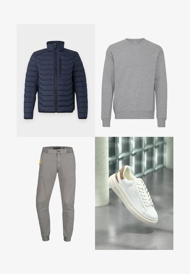 Marineblaue Steppjacke mit vertikalen Nähten, hohem Kragen, durchgehendem Reißverschluss und Brusttasche; mit kontrastierendem Stoff auf den Schultern.; Schlichtes, hellgraues Sweatshirt mit langen Ärmeln, geripptem Kragen, Bündchen und Saum, frontseitig auf weißem Hintergrund präsentiert.; Hellgraue Jogginghose aus weichem Material, mit schmal zulaufenden Beinen, einem elastischen Bund und einer Seitentasche mit gelbem Etikett.; Weiße Ledersneaker mit beigem gemustertem Akzent an der Ferse, glatte Oberfläche, Schnürdesign und geprägtem Branding an der Seite.