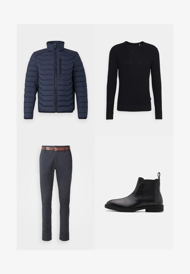 Marineblaue Steppjacke mit vertikalen Nähten, hohem Kragen, durchgehendem Reißverschluss und Brusttasche; mit kontrastierendem Stoff auf den Schultern.; Schwarzer Pullover mit langen Ärmeln und strukturiertem Strickdesign. Verfügt über einen Rundhalsausschnitt sowie gerippte Bündchen und Saum. Einfacher und minimalistischer Stil.; Navyblaue Hose im Slim Fit, gefertigt aus einem Baumwollmischgewebe, mit einem braunen Leder-Gürtel und dezenten Taschendetails vorne.; Schwarze Leder-Chelsea-Stiefel mit elastischen Seitenteilen, runder Zehenpartie und einem niedrigen Blockabsatz. Mit einer Zuglasche hinten für einfaches Anziehen.