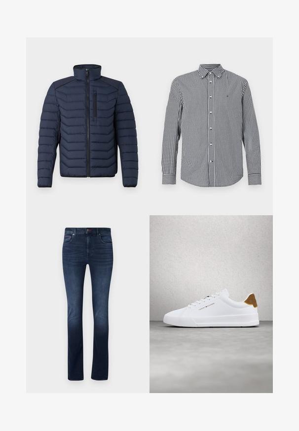 Marineblaue Steppjacke mit vertikalen Nähten, hohem Kragen, durchgehendem Reißverschluss und Brusttasche; mit kontrastierendem Stoff auf den Schultern.; Schwarz-weiß kariertes Langarmhemd mit Knopfleiste und umgeschlagenem Kragen. Verfügt über eine schmale Passform und ein kleines Logo auf der Brust.; Dunkelblaue Jeans aus Denim mit geradem Bein, ausgestattet mit einem Knopf- und Reißverschluss, dezenten Verwaschungen und kontrastierendem Nähen an den Taschen.; Weißer Sneaker mit niedrigem Schnitt, braunem Wildleder-Fersenlasche, weißen Schnürsenkeln und Tommy Hilfiger-Logo an der Seite, schwebt über einem polierten grauen Boden.