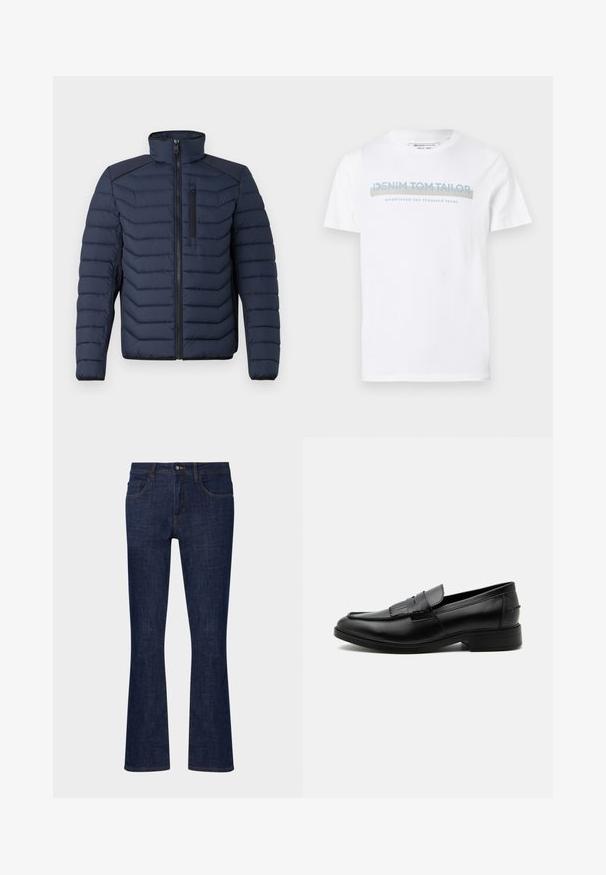 Marineblaue Steppjacke mit vertikalen Nähten, hohem Kragen, durchgehendem Reißverschluss und Brusttasche; mit kontrastierendem Stoff auf den Schultern.; Weißes Baumwoll-T-Shirt mit Rundhalsausschnitt, kurzen Ärmeln und einem blauen Grafiktext-Design, das "DENIM TOM TAILOR gegründet 2007" lautet.; Dunkelblaue Jeans mit Schlag, mittelhoher Taille, fünf Taschen und kontrastierenden Nähten. Glatte Textur mit minimalen Gebrauchsspuren.; Schwarzer Leder-Herrenloafer mit Quasten-Detail, abgerundeter Spitze, niedrigem Absatz und glatter, polierter Oberfläche, von der Seite auf weißem Hintergrund dargestellt.