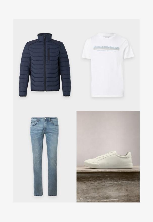 Marineblaue Steppjacke mit vertikalen Nähten, hohem Kragen, durchgehendem Reißverschluss und Brusttasche; mit kontrastierendem Stoff auf den Schultern.; Weißes Baumwoll-T-Shirt mit Rundhalsausschnitt, kurzen Ärmeln und einem blauen Grafiktext-Design, das "DENIM TOM TAILOR gegründet 2007" lautet.; Helle blaue Jeans mit einem geraden Bein-Design, hergestellt aus Denim. Merkmale umfassen Standardtaschen, Gürtelschlaufen und dezente Verblassung.; Weiße Schnürsneaker, die über einer Holzbank mit grünem Laub im Hintergrund schweben und das Schuhdesign sowie die Textur zeigen.