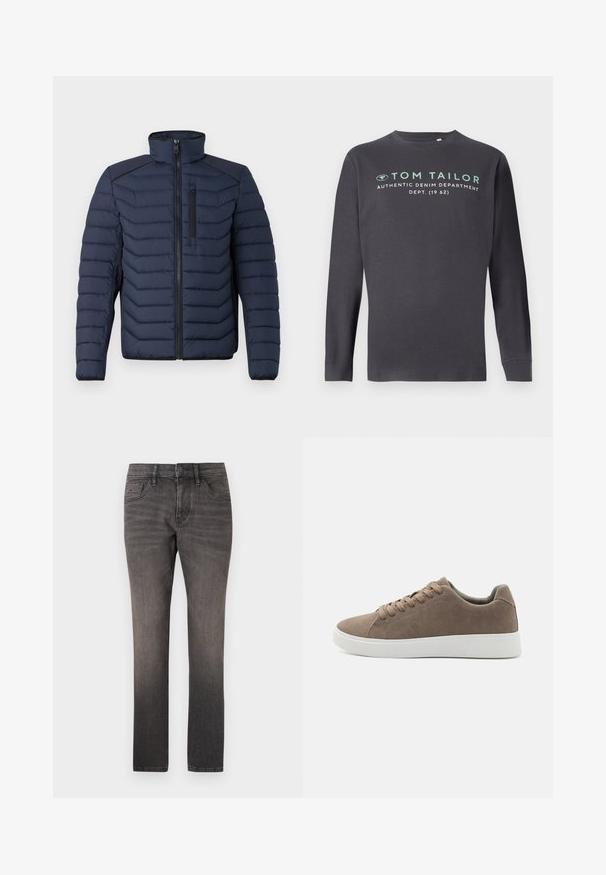 Marineblå pufferjakke med lodret syning, høj krave, lynlås foran og brystlomme; har kontrasterende stof på skuldrene.; TOM TAILOR PRINTED - Langærmet T-shirt - tarmac grey; TOM TAILOR JOSH - Jeans Straight Leg - used dark stone black denim; Brune ruskinds sneakers med flade hvide gummisåler, snørelukning, rund tå og en glat overflade. Minimalistisk stil med diskrete syninger.