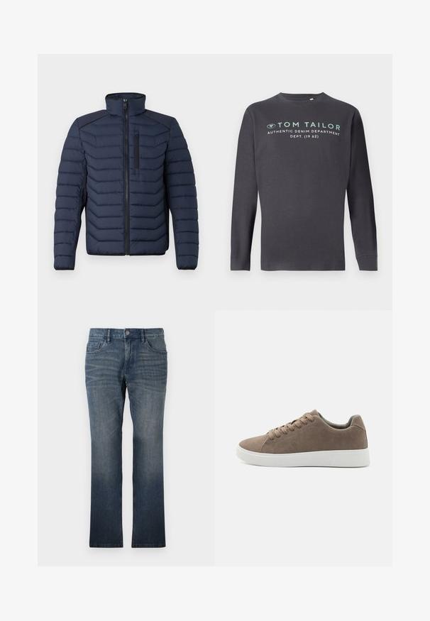 Marineblauwe pufferjas met verticale stiksels, hoge kraag, rits aan de voorkant en borstzak; beschikt over contrasterende stof op de schouders.; TOM TAILOR PRINTED - Longsleeve - tarmac grey; TOM TAILOR MARVIN - Straight leg jeans - dark stone wash denim; Bruine suède sneakers met platte witte rubberen zolen, vetersluiting, ronde neus en een gladde textuur. Minimalistische stijl met subtiele stikdetails.