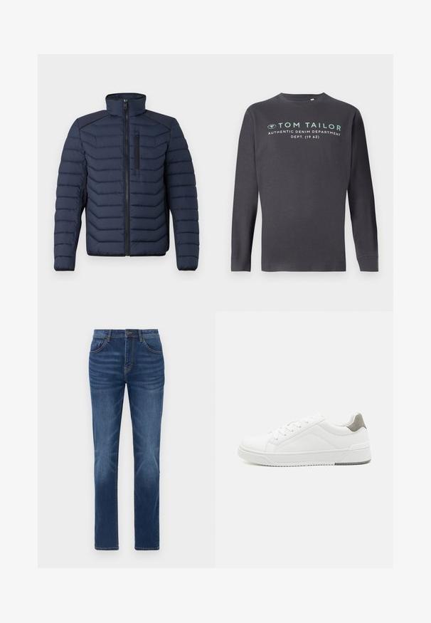 Marineblå pufferjakke med lodret syning, høj krave, lynlås foran og brystlomme; har kontrasterende stof på skuldrene.; TOM TAILOR PRINTED - Langærmet T-shirt - tarmac grey; Mørkeblå denimjeans med en klassisk lige pasform, fem-lomme design og let falmede detaljer på benene. Har knap- og lynlåslukning.; Hvid sneaker lavet af glat læder, rund tå, minimalistisk design, grå hælafsats og tekstureret gummisål.