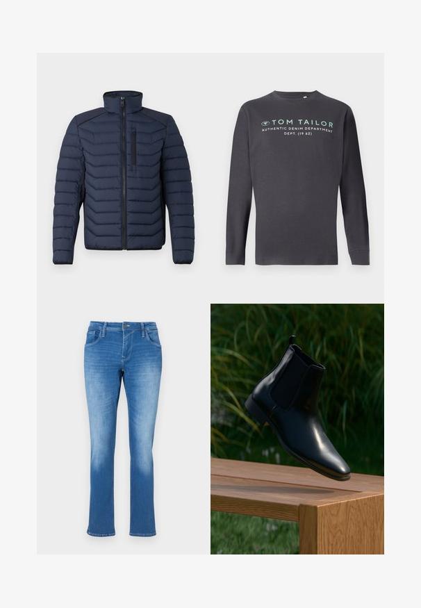 Marineblaue Steppjacke mit vertikalen Nähten, hohem Kragen, durchgehendem Reißverschluss und Brusttasche; mit kontrastierendem Stoff auf den Schultern.; TOM TAILOR PRINTED - Langarmshirt - tarmac grey; Blaue Jeans aus Denim mit geradem Bein, ausgestattet mit fünf Taschen, einem Reißverschluss und Kontrastnähten. Der Stoff hat eine mittlere Waschung mit Ausbleichungen.; Schwarze Leder-Chelsea-Boots, die über einer Holzbank schweben, mit Gras und Pflanzen im Hintergrund.