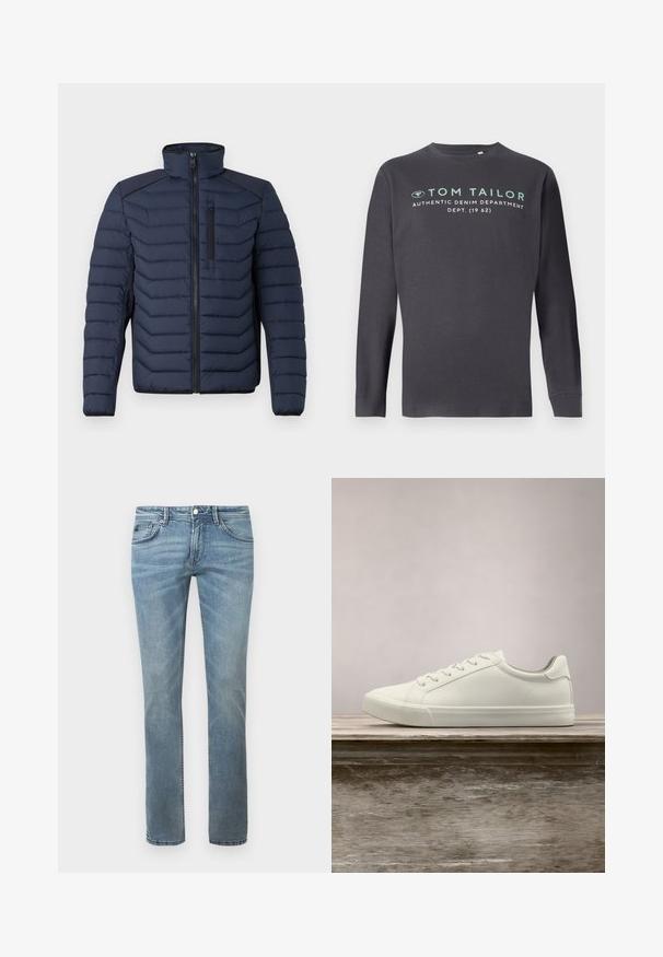 Marineblå pufferjakke med lodret syning, høj krave, lynlås foran og brystlomme; har kontrasterende stof på skuldrene.; TOM TAILOR PRINTED - Langærmet T-shirt - tarmac grey; Lys blå jeans med lige ben-design, lavet af denim. Funktioner inkluderer standard lommer, bæltestropper og subtil falmning.; Hvide snørresneakers svævende over en træbænk med grønne planter i baggrunden, der fremhæver skodesign og tekstur.