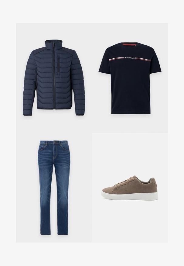 Marineblaue Steppjacke mit vertikalen Nähten, hohem Kragen, durchgehendem Reißverschluss und Brusttasche; mit kontrastierendem Stoff auf den Schultern.; Marineblaue Baumwoll-T-Shirt mit kurzen Ärmeln und rundem Halsausschnitt, ausgestattet mit einem weißen und roten horizontalen Streifendesign und dem "TOM TAILOR" Logo.; Dunkelblaue Denim-Jeans mit klassischem gerade geschnittenem Schnitt, Fünf-Taschen-Design und leichtem Verblassen an den Beinen. Mit Knopf- und Reißverschluss.; Braune Wildledersneaker mit flachen weißen Gummisohlen, Schnürdesign, abgerundete Zehen und einer glatten Textur. Minimalistischer Stil mit dezenten Nähdetails.