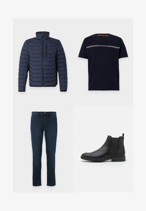 Marineblaue Steppjacke mit vertikalen Nähten, hohem Kragen, durchgehendem Reißverschluss und Brusttasche; mit kontrastierendem Stoff auf den Schultern.; Marineblaue Baumwoll-T-Shirt mit kurzen Ärmeln und rundem Halsausschnitt, ausgestattet mit einem weißen und roten horizontalen Streifendesign und dem "TOM TAILOR" Logo.; Dunkelblaue Denim-Jeans mit geradem Bein, fünf Taschen, einem Knopfverschluss und dezentem Verblassen an der Vorderseite.; Schwarze Leder Chelsea-Stiefel mit elastischen Seiteneinsätzen und einer Ziehschlaufe, runder Zehenform und strukturiertem Gummisohle.