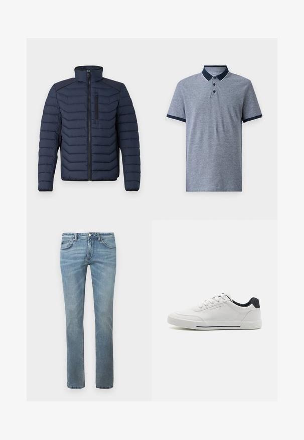 Marineblaue Steppjacke mit vertikalen Nähten, hohem Kragen, durchgehendem Reißverschluss und Brusttasche; mit kontrastierendem Stoff auf den Schultern.; Graues Polohemd mit kurzen Ärmeln und navyfarbenem Kragen sowie Ärmelbündchen. Verfügt über drei schwarze Knöpfe und eine dezente melierte Textur.; Helle blaue Jeans mit einem geraden Bein-Design, hergestellt aus Denim. Merkmale umfassen Standardtaschen, Gürtelschlaufen und dezente Verblassung.; Weiße Sneakers mit einem glatten synthetischen Obermaterial, runder Spitze, Schnürdesign, marineblauem Akzent an der Ferse und einer strukturierten Gummisohle mit einem schwarzen Streifen.