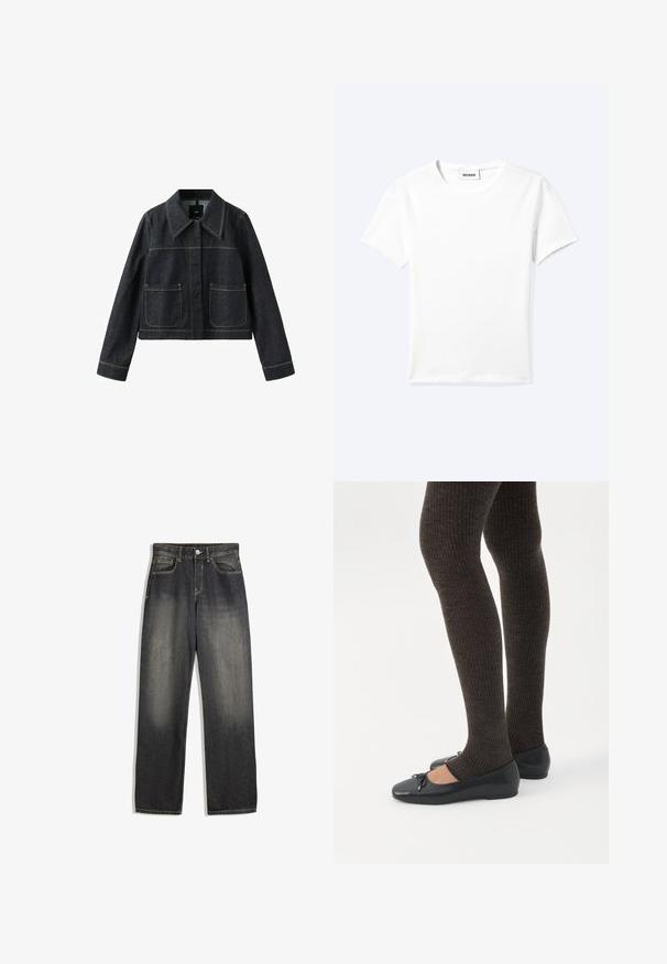 Veste en denim foncé avec col large, deux poches plaquées avant, manches longues et coutures contrastantes visibles.; T-shirt blanc uni à manches courtes et col rond avec une petite étiquette "WEEKDAY" à l'intérieur de l'encolure, présenté à plat sur un fond clair.; Jeans en denim délavé foncé avec une coupe décontractée, présentant une jambe droite, des coutures visibles et un effet dégradé usé à l'avant.; Jambes portant des leggings côtelés foncés associés à des ballerines noires avec de petits détails en nœud sur fond blanc.
