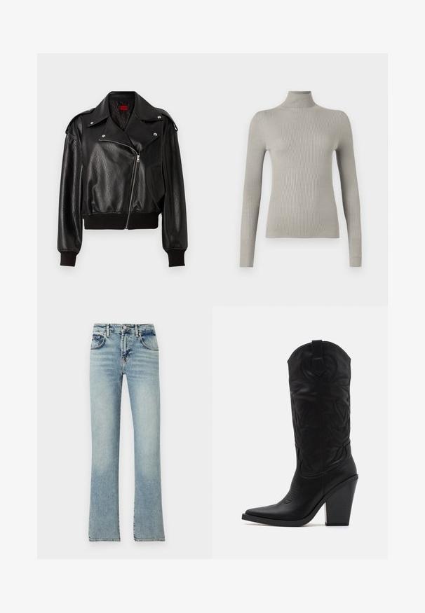 Zwart leren cropped jack met asymmetrische ritsluiting, brede revers en ribgebreide manchetten en onderrand. Heeft een gestructureerde afwerking en een zijzak.; Lichtgrijze, geribde turtleneck trui met lange mouwen. Zachte textuur, getailleerd ontwerp, met een hoge hals en naadloze afwerking.; Lichtblauwe denim jeans met een uitlopende pijp, voorzien van vijf zakken, riemlussen en een vervaagde afwerking.; Simmi London DANIQUE - Laarzen met hoge hak - black