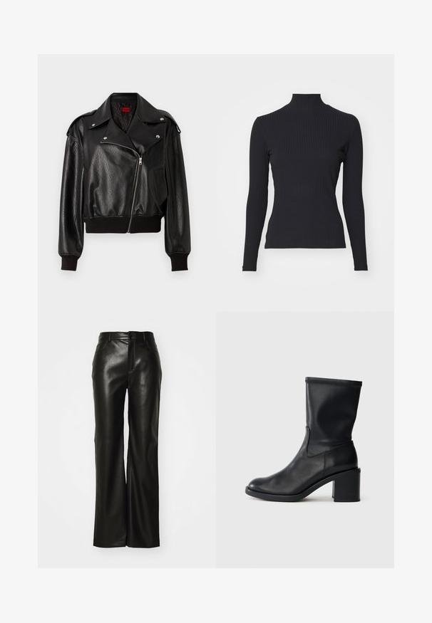 Sort læder cropped jakke med asymmetrisk lynlåslukning, brede klapper og ribbede manchetter og kant. Har en struktureret overflade og sidelomme.; Sort ribbet turtle-sweater med lange ærmer. Lavet af strækbart stof med en tætsiddende pasform og høj krave. Enkel design uden udsmykninger.; Sorte bukser i bredt snit af imiteret læder med en glat tekstur, lynlås foran og bæltestropper; minimalistisk design uden synlige mønstre eller detaljer.; Sort læder ankelstøvle med rund tå, glat tekstur og en grov hæl, der har et tætsiddende skaft og subtil syning.