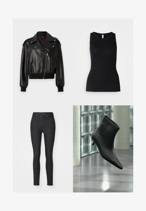 Zwart leren cropped jack met asymmetrische ritsluiting, brede revers en ribgebreide manchetten en onderrand. Heeft een gestructureerde afwerking en een zijzak.; Zwarte mouwloze tanktop van ribbelstof, met een ronde halslijn en een nauwsluitend ontwerp, met een gladde textuur en zonder patronen.; Zwarte denim skinny jeans met een aansluitende pasvorm, klassieke vijf-pocket ontwerpen, een sluiting met een knoop aan de voorkant en subtiele stikdetails.; Zwarte leren enkellaars met spits toelopende neus en lage kittenhak, schuin weergegeven tegen een gepolijste vloer en een glazen blokken muur als achtergrond.