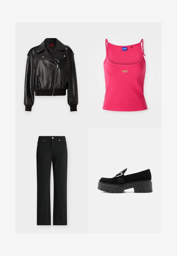Sort læder cropped jakke med asymmetrisk lynlåslukning, brede klapper og ribbede manchetter og kant. Har en struktureret overflade og sidelomme.; Siddende pink tanktop lavet af ribbet stof. Har justerbare stropper og et lille brunt logo-tag foran. Glat tekstur.; Sorte jeans med lige ben, foran med knap og lynlås, design med fem lommer og bæltestropper.; Sort ruskindslipper med kraftig sål, sølvspænde og præget "HUGO" på sidesnoren, vist fra ydersiden.